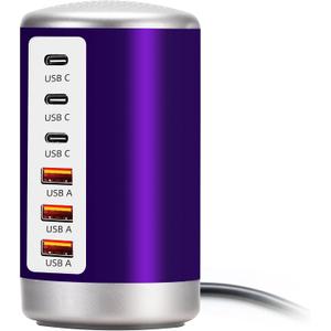 60W USB Charging Station with 6-Port (3 USB-A & 3 USB-C) for iPhone 12/13/14, Tablets & Smartphones - Purple