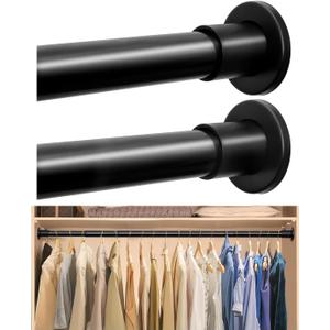 Closet Rods for Hanging Clothes, 18 to 48 Inches Adjustable Heavy Duty Closet Rod, Metal Closet Poles, Easy to Install Closet Bar for Closet Wardrobes Laundry, Perfect for Closet Organizer Black 2PC