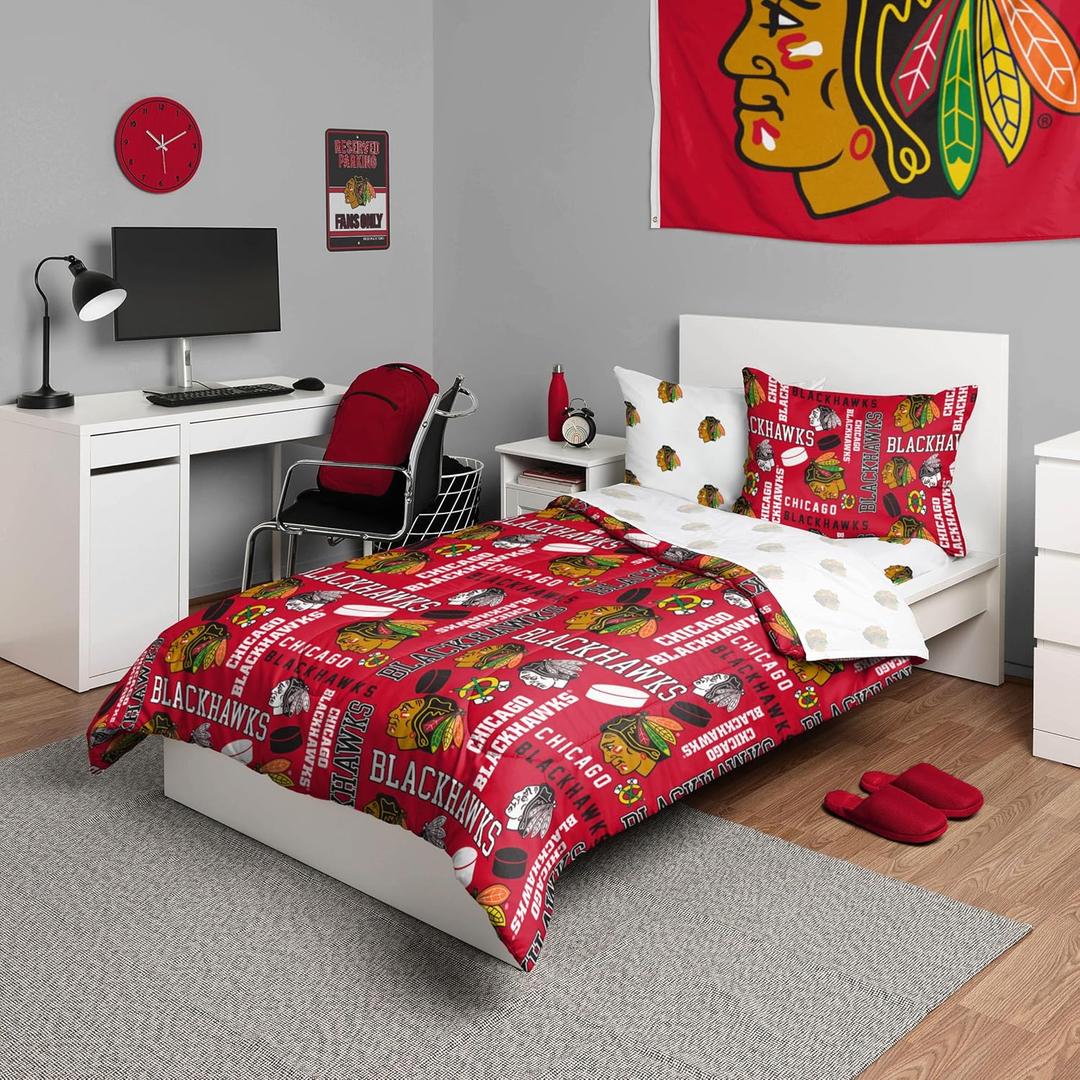 FOCO Chicago Blackhawks NHL Team Color Bed in a Bag Comforter Bedding 5 Piece Set - Twin
