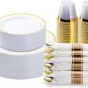 BESTVIP 175PCS Gold Plastic Dinnerware Set, Disposable Party Plates for 25 Guests, Include: 50 Plastic Plates, 25 Pre Rolled Napkins with Gold Silverware, 25 Cups for Christmas, Halloween
