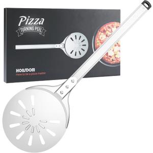 Pizza Turning Peel, 8-inch Pizza Peel Turner Spinner, Long Handle Perforated Aluminum Pizza Peel with Silicone Hook, Pizza Oven Accessories