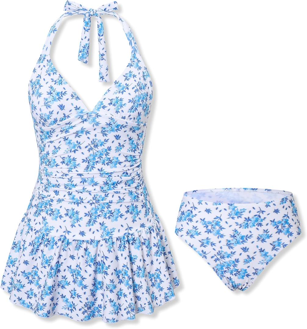 7-16 Years Teen Girl Swimsuit Halter Neck Two Piece Cover Up Skirt Bathing Suit Beach Swimwear for Girls (White, XS)