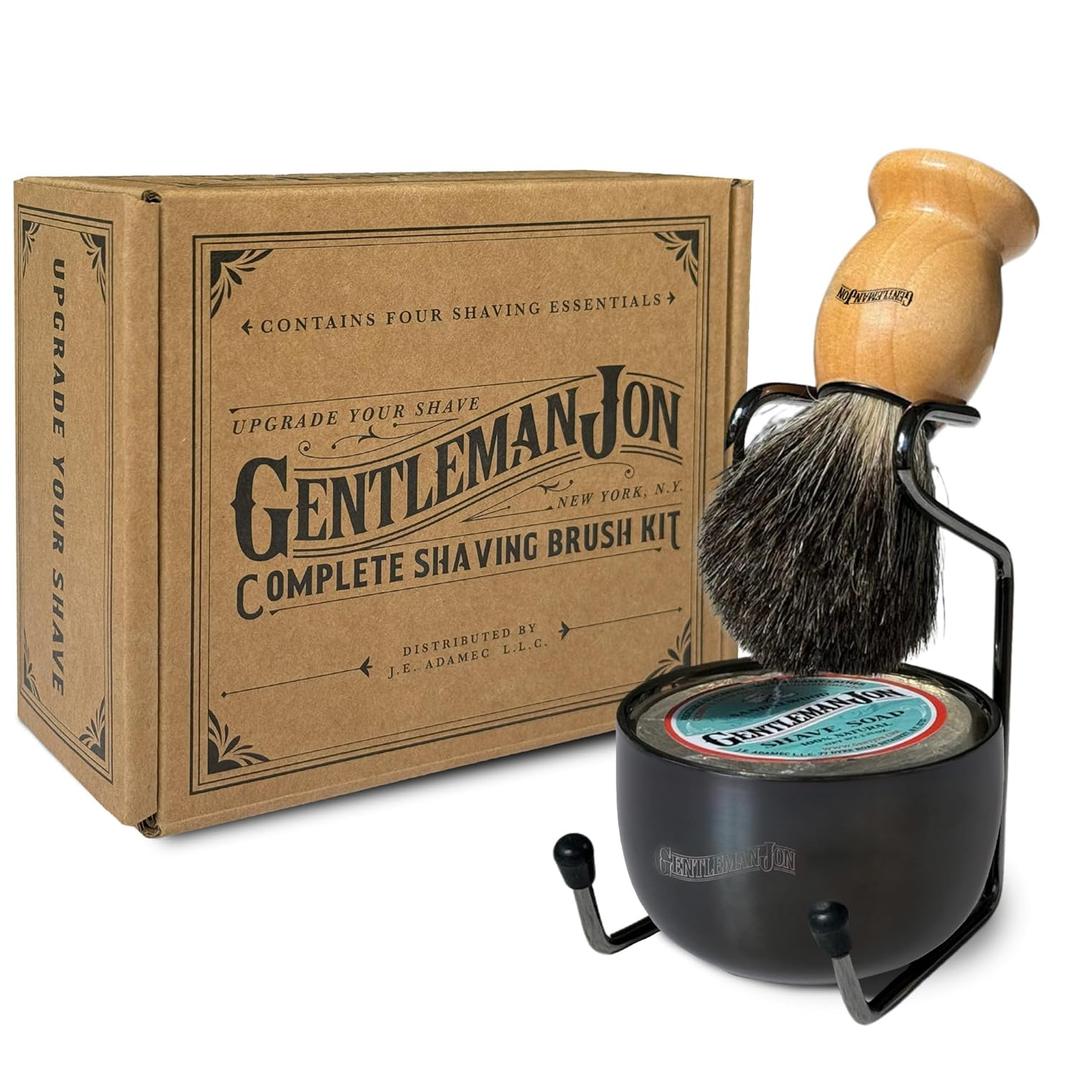 Gentleman Jon Complete Shaving Brush Kit  Old Fashion Shaving Kit for Men, Includes Shave Brush, Bowl, Soap & Stand, Vintage Wet Shave Mug, Barber-Style 4-Piece Gift Set, Men's Barber Accessories