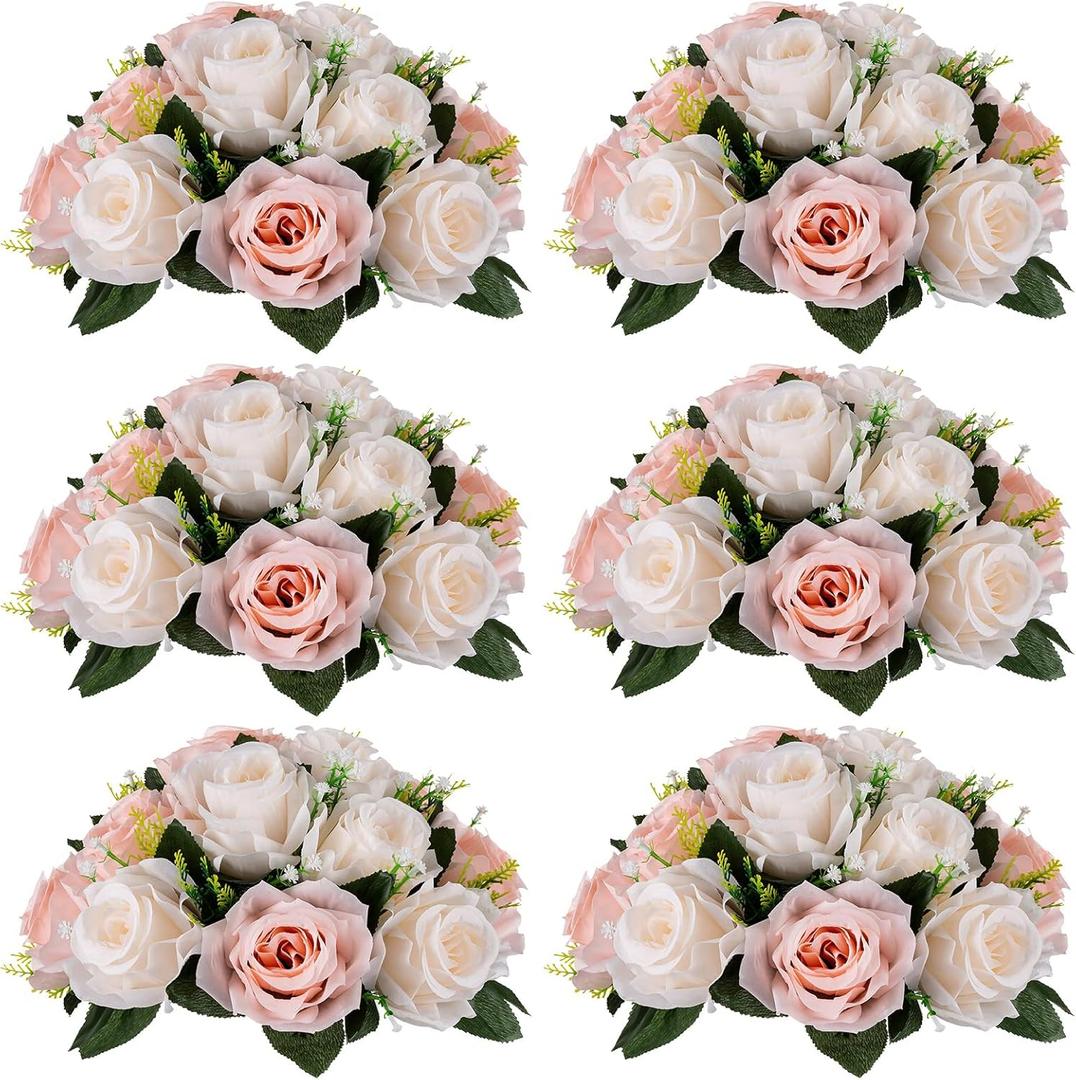 NUPTIO Flower Balls for Wedding Centrepieces - 6 Pcs 9.5in Diameter Artificial Flower Ball Arrangement Bouquet Peachy Pink & Creamy White Fake Rose Flowers Party Centerpieces for Weddings Tables