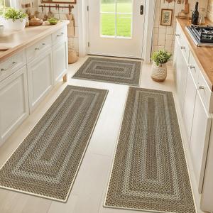 HEBE Washable Kitchen Rugs Sets of 3, Non Slip Absorbent Kitchen Rugs and Mats, Farmhouse Stain Resistant Faux Jute Kitchen Mat Carpet Runner for Kitchen Floor, Laundry Room, Hallway, Yellow/Brown (20"x32"+20"x48"+20"x59")