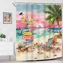 Ocean Beach Tropical Palm Tree Pink Sunset Art Bathroom Shower Curtain Set