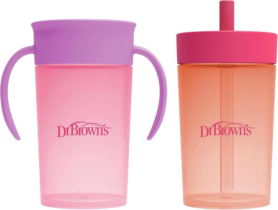 Dr. Brown's Milestones Straw to 360 Convertible Toddler Training Cup Set with Interchangeable Silicone Straw and 360 Degree Cup Lids, Pink Coral, 10 oz/300 mL, BPA-Free, 9m+, 2-Pack