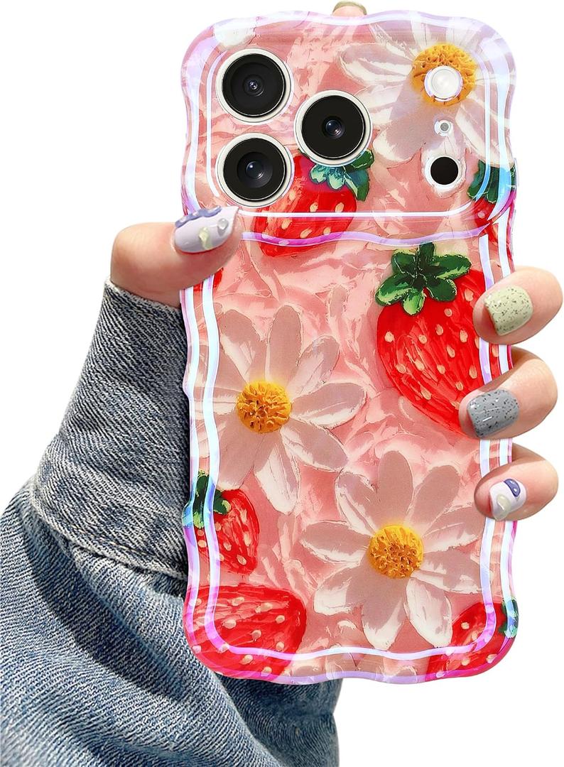 Jusy Case for iPhone 17 Pro Max, Colorful Retro Oil Painting Printed Flower Laser Blue Glossy Pattern Cute Curly Wave Phone Case Soft TPU Cover for Girly Women -Strawberry Flower