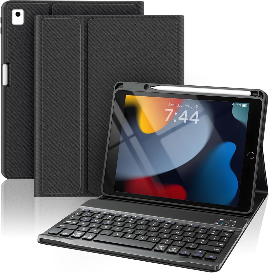 Keyboard Case for iPad 9th Generation-10.2 inch - Wireless Detachable Folio Keyboard Cover with Upper Pencil Holder for iPad 8th/7th Gen/iPad Pro 10.5" & iPad Air 3rd Gen - Black