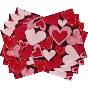 Seliem Red Pink Love Hearts Placemats Set of 4, Happy Valentine's Day White Farmhouse Dining Table Place Mats Home Kitchen Decor, Vintage Wedding Anniversary Holiday Decoration 12 x 18 Inch