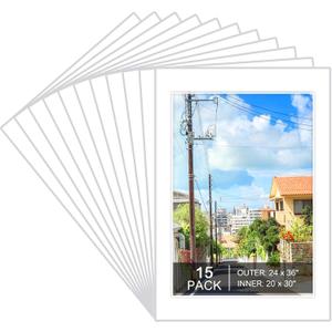 15 Pack White Picture Mats 24x36 for 20x30 Photos, Bevel Cut