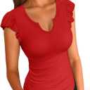 VICHYIE Summer Womens Shirt Short Ruffle Sleeve V Neck/Round Neck Ribbed Casual Tshirt Fitted Tops Blouses (Red, M)