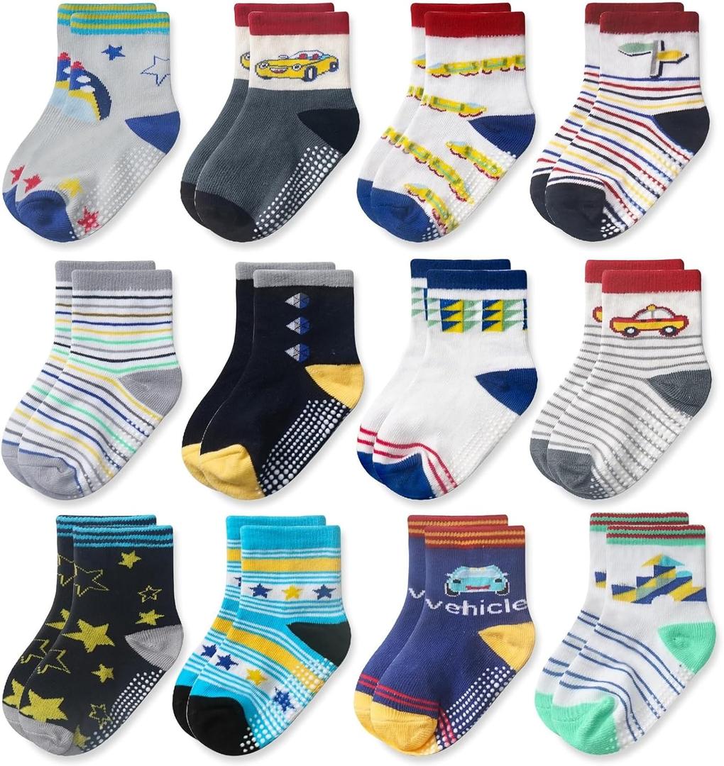CozyWay Baby & Toddler Socks With Grippers Non Slip Crew Grip Socks for Girls and Boys Soft Comfy Cotton - 12 Pack (3-5T, Black / Yellow Multicolor Error)