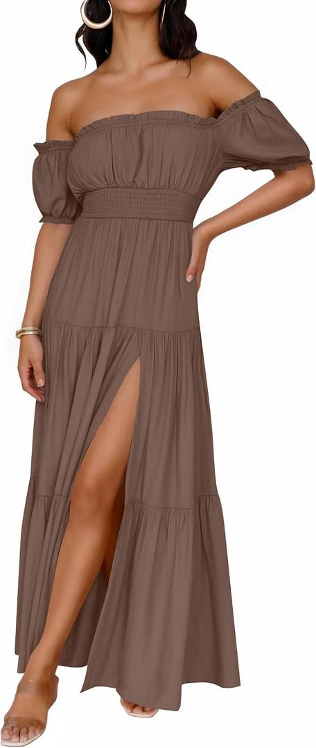 ZESICA Women's 2026 Boho Sexy Off Shoulder Short Sleeve Smocked Side Split Flowy A Line Tiered Long Maxi Dress with Pockets Coffee Medium