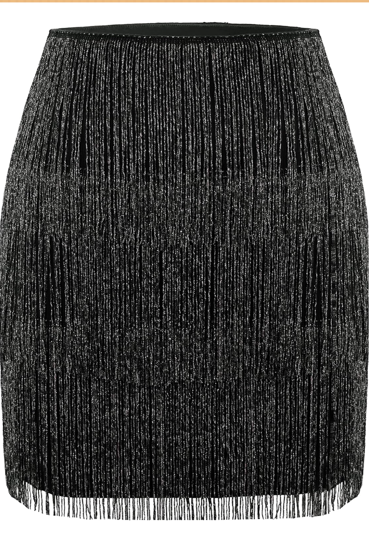 MANER Women’s Fringe Skirt Stretchy Sparkly Bodycon Tassel Trim Mini Skirt,XXL