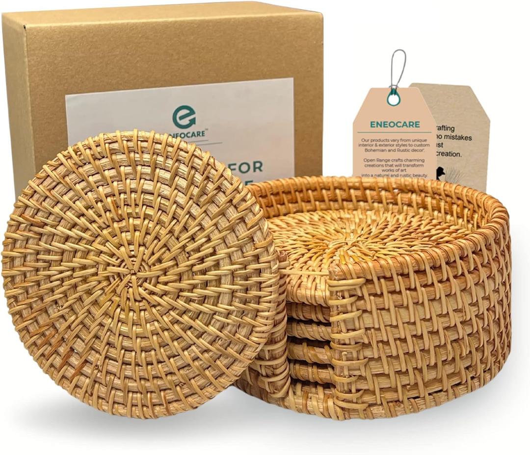 Handmade Natural Rattan Coasters for Drinks, Wicker Boho Woven Set of 6 With Holder | Heat Resistant Reusable Saucers, Round Straw Trivet for Teacup