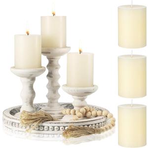 Reallnaive 8 Pcs Farmhouse Wood Candle Holders with Pillar Candles Set Wooden Rustic Candle Holders Round Decorative Serving Tray Bead Garland with Natural Wood Tassels for Table Centerpiece (White)