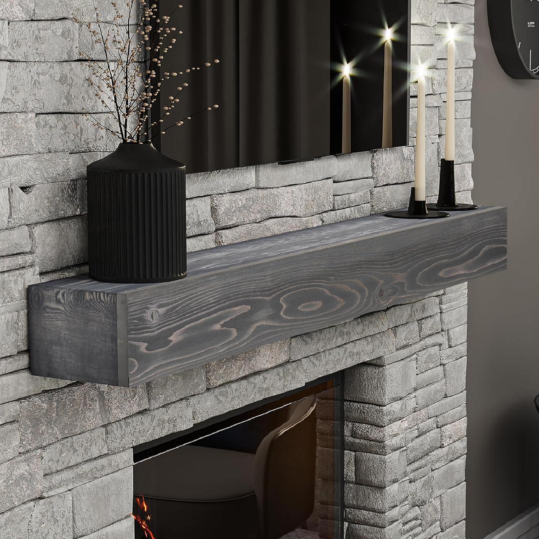 BoscoMondo Fireplace Mantel, Handcrafted Rustic from Solid Pine, Wall-Mounted Floating Farmhouse Shelf - 8x6x72 Ash Grey