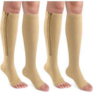 CASMON 2 Pairs Zipper Compression Socks for Women & Men, 15-20 mmHg Open Toe Knee High Support Socks for Varicose Vein Edema, XXL