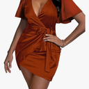 Vrtige Women's Satin Silky V Neck Tie Waist Wrap Hem Short Sleeve Bodycon Mini Dress XL