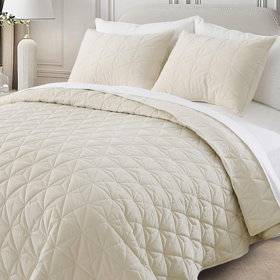 Corduroy Quilt Set Queen 90"x90", Lightweight All-Season Quilt with 2 Pillow Shams, Soft Fine-Striped Quilted Bed Cover, Beige