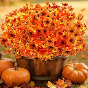 Artificial Fall Flowers for Outdoors, 10 Bundles Artificial Plants UV Resistant Fall Fake Plants for Outside Halloween Christmas Porch Decoration Fall Decor(Orange(Eucalyptus))