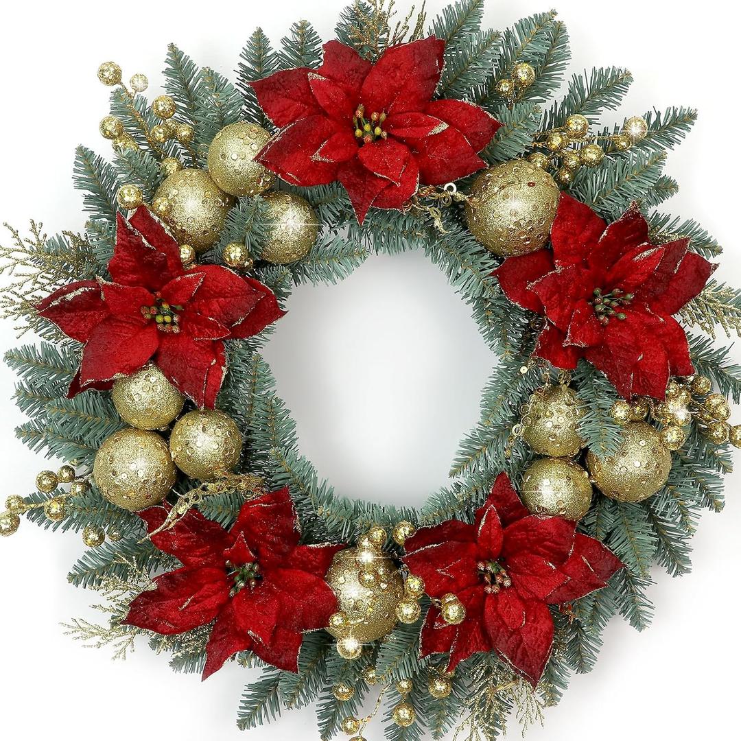Christmas Wreath for Front Door 24 Inch Artificial Christmas Wreath, with Pine Needles, Red & Gold Berries Decorations Accents, for Decor Indoor/Outdoor Christmas Decoration (Poinsettia)