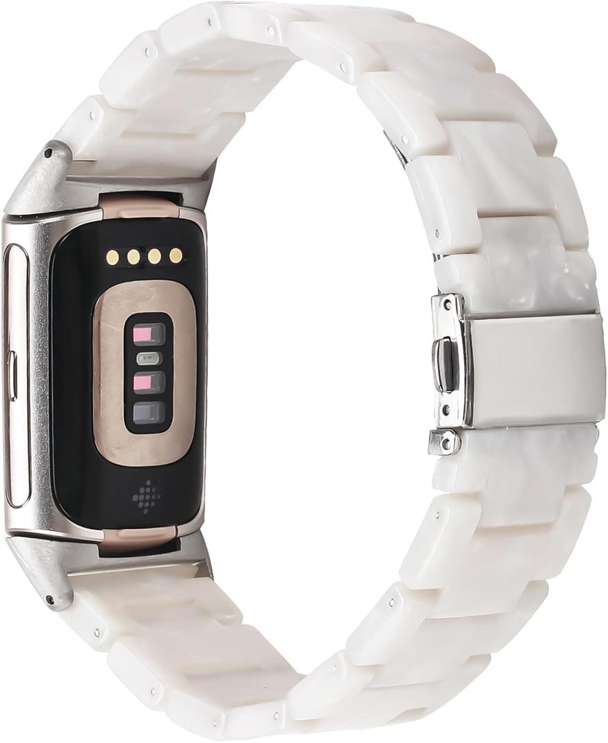 Resin Band Compatible with Fitbit Charge 6/ Fitbit Charge 5, Waterproof & Lightweight Bracelet Wristband Replacement with Stainless Steel Buckle, Fashion Strap for Fitness Tracker Women (Pearl White)