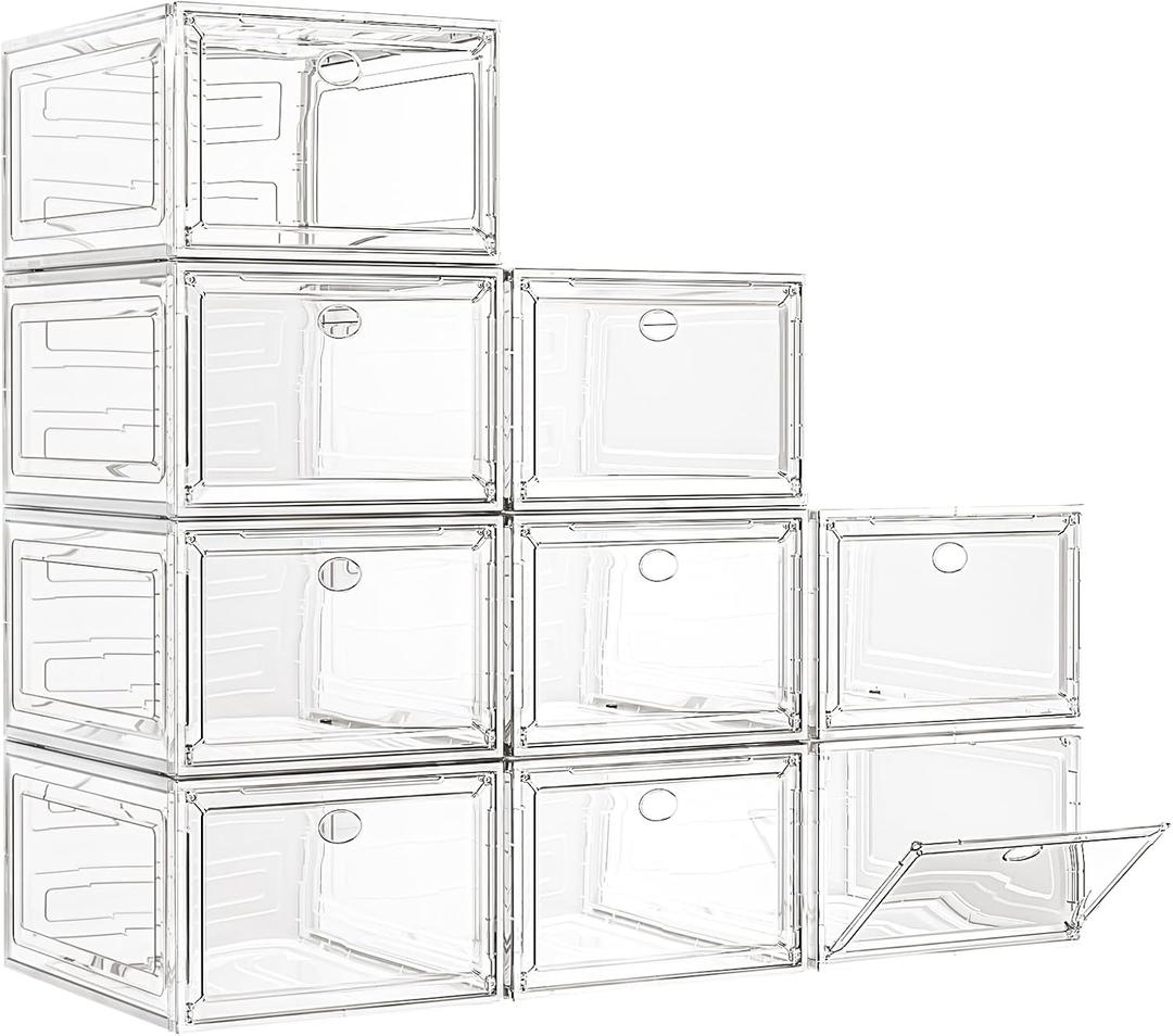 7 Code Large Clear Shoe Boxes OrganizerThicker Material Stronger Shoe Box with Magnetic Door, Stackable Shoe Storage Box for Closet, Foldable Space-Saving Storage Bins Shoe Cabinet, White 9 Pack