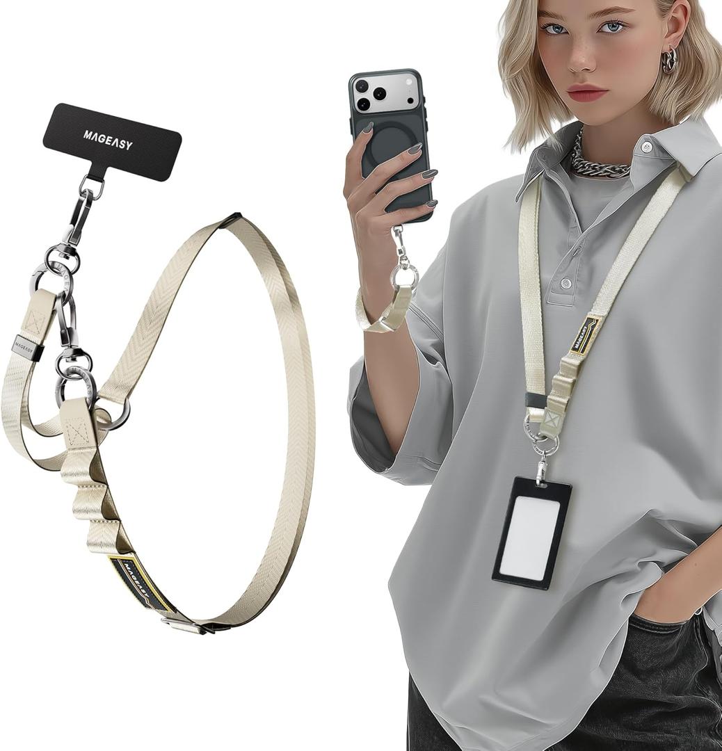 MAGEASY 2IN1 Cellphone Lanyard Crossbody + Wrist Strap + Phone Tether & Attachment Clips, Compatible with iPhone 16 17 Google Pixel | Clip and Go Security Strap Neck Phone Leash (Starlight)