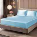 BEDELITE Satin Fitted Sheet and Pillowcases Set, Luxury Soft Similar to Silk Bottom Bedsheet with Elastic Corner Straps, Deep Pocket up to 15 Inch, 1 Fitted Sheet and 2 Pillowcases(Queen, Light Blue)