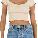Women Sexy Crop Tops Short Sleeve Lace Trim Low Cut V-Neck Tops Slim Fit Ruched 90s Y2K T-Shirts E-Girls Tee Top (Apricot, Size Small)