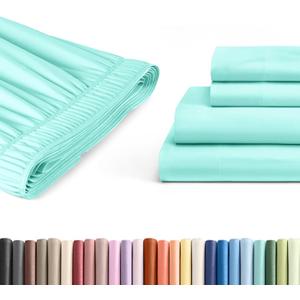 4 Piece Queen Spa Blue Bed Sheet Set + Spa Blue Adjustable Bedskirt with 15" Drop Bundle - Hotel Luxury Quality Sheets w/ 21 Extra Deep Pockets - Breathable, Cooling, Soft & Wrinkle Free - Oeko-Tex
