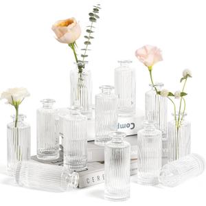 ComSaf Small Bud Vases Set of 12, 5.2 inch Glassl Bud Vase in Bulk, Mini Flower Vase for Centerpiece, Vintage Decorative Vase for Flowers, Wedding, Christmas, Home Decor, Housewarming Gift (Clear)