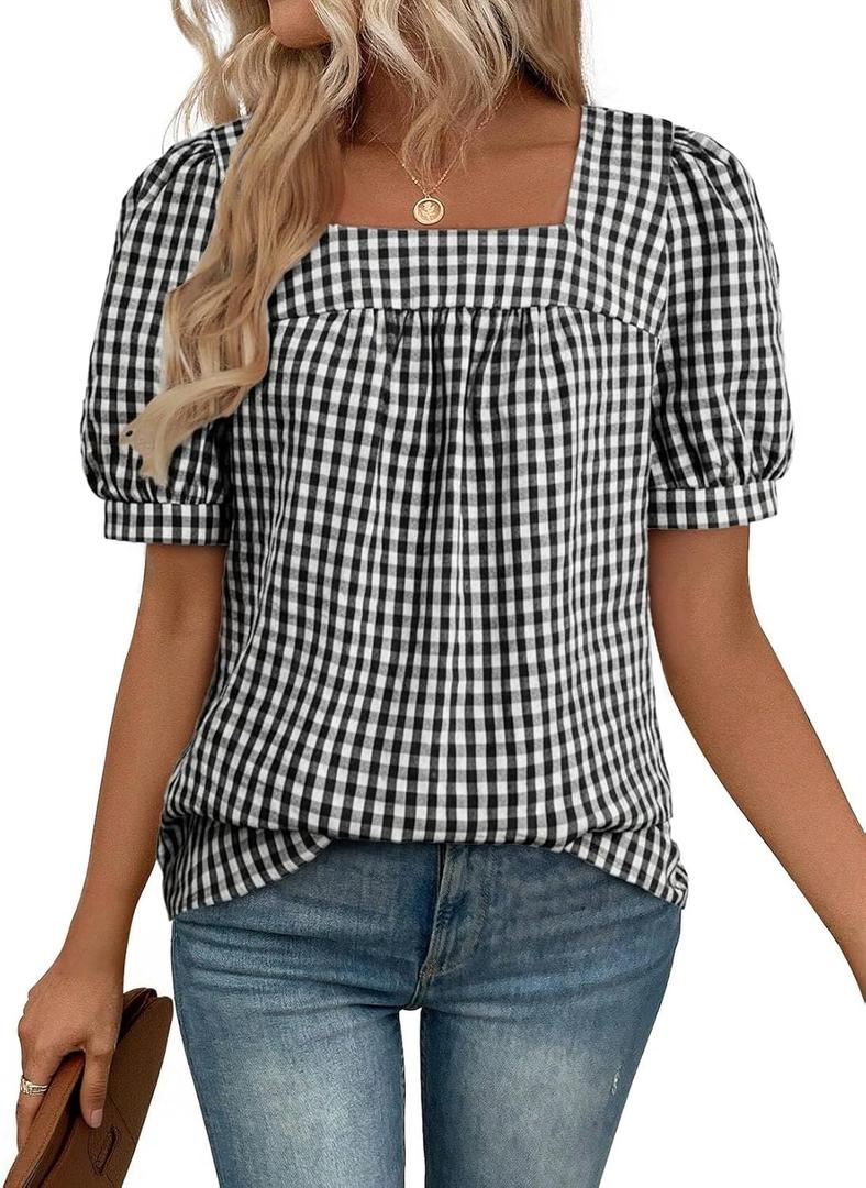 EVALESS Tops for Women Short Sleeve Tunic Blouse Dressy Casual Square Neck Gingham Tops Cotton Blend Plaid Shirt Cute Checkered Puff Sleeve Work Blouses 2026 Summer Vacation Outfits Black Large