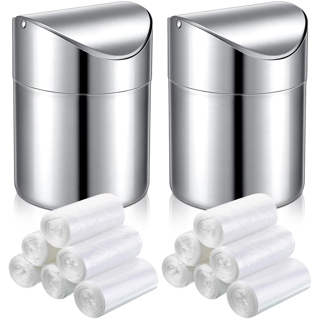 2 Pcs Desk Trash Can with Swing Lids, 12 Rolls of Trash Bags, 2L Brushed Stainless Steel Countertop Garbage Bin Small Wastebasket with Lid for Office Desk, Coffee Table(Silver)