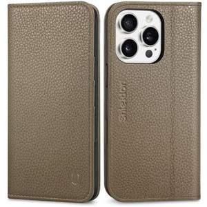 SHIELDON Wallet Case for iPhone 16 Pro 5G 6.3", Genuine Leather Folio Magnetic Kickstand RFID Blocking Credit Card Holder Drop Protection Cover Compatible with iPhone 16 Pro 2024 - Pebbled Khaki