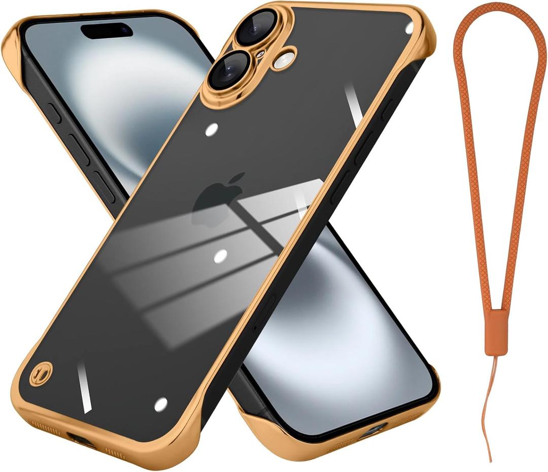 Frameless Phone case Compatible with iPhone 16 Case Transparent Electroplated Golden Frameless Design with Camera Lens Protection case