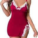 Lace Babydoll Nightgown for Women Sheer V-Neck Chemise Dress with Adjustable Straps, Stretch Floral Lace (Red, S)