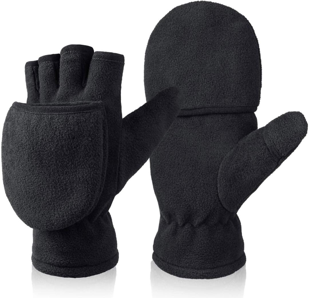 Winter Convertible Gloves Flip Top Mittens Warm Polar Fleece for Winter Running Texting Photographing for Men Women (Large), Black