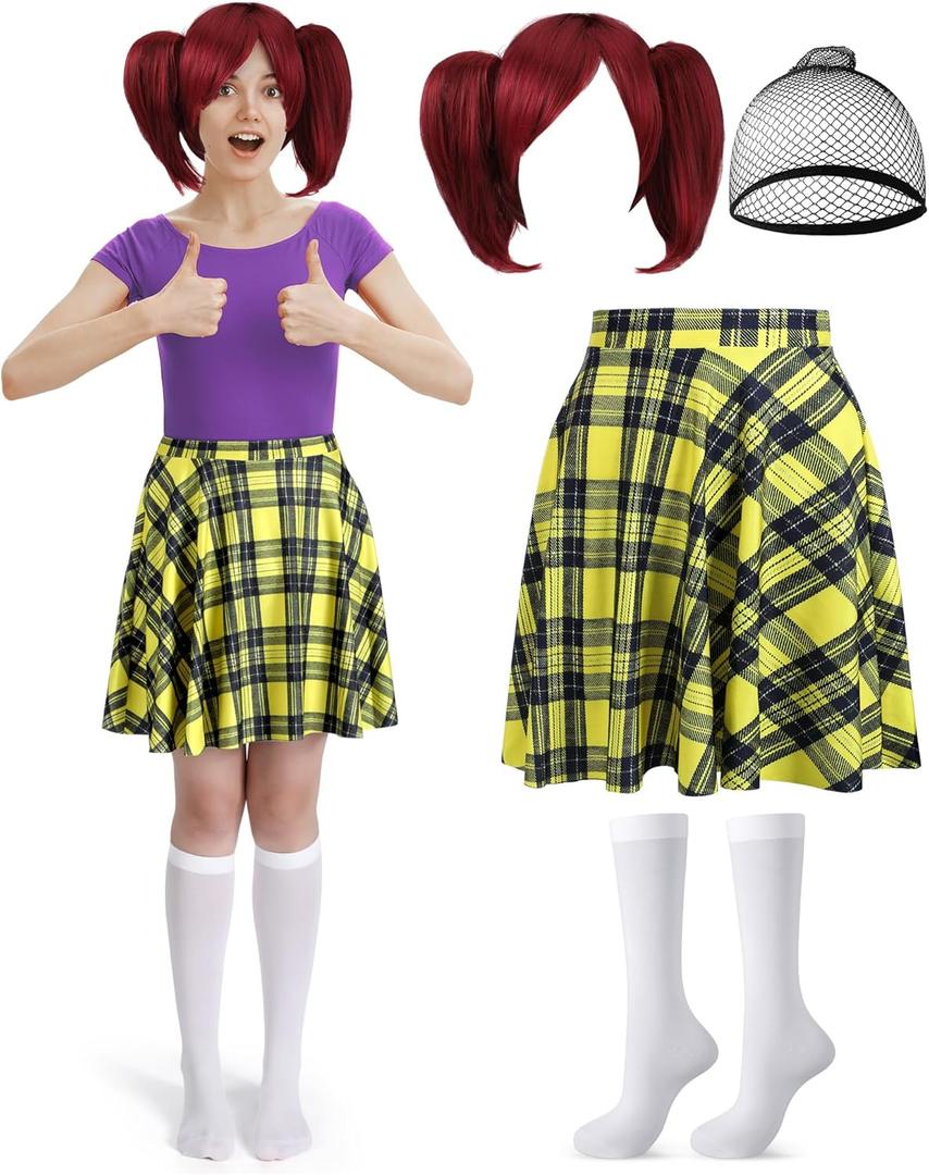 3 Pcs Women Cartoon Costume Red Ponytails Wig Yellow Plaid Skirt White Stocking for Girls Women Halloween Cosplay (Large)