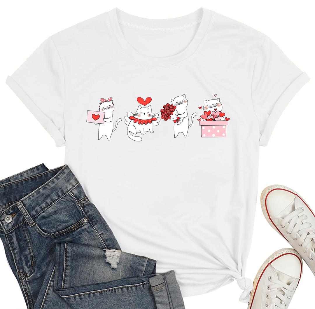 Valentines Shirts for Women Love Heart Black Cat Graphic Tshirts Valentine Cat Gifts Tee Tops (White, L)