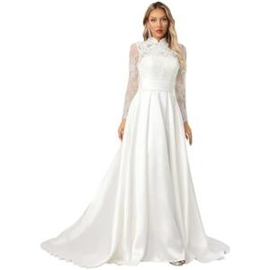 ZHEXUDAI Lace Stamp High Neck Wedding Dress with Long Sleeves ，Elegant Satin A-Line Bridal Gown with Train for Formal, M