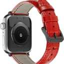 Genuine Leather Strap Compatible With Apple Watch Band 38mm 40mm 41mm 42mm 44mm 45mm 46mm 49mm Women Men, Crocodile Embossed Bands Wristbands Replacement for iWatch Series 10 9 8 7 6 SE 5 4 3 2 1 Ultra (Red-Black Buckle)