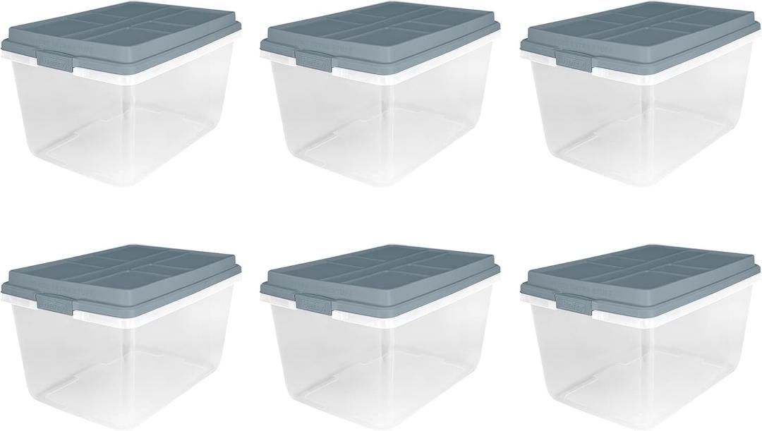 Hefty 72 Quart Hi-Rise Storage Bin with Lid, Stackable Plastic Container Tote for Home, Office, and Classroom Organization, 6 Pack, Smoke Blue