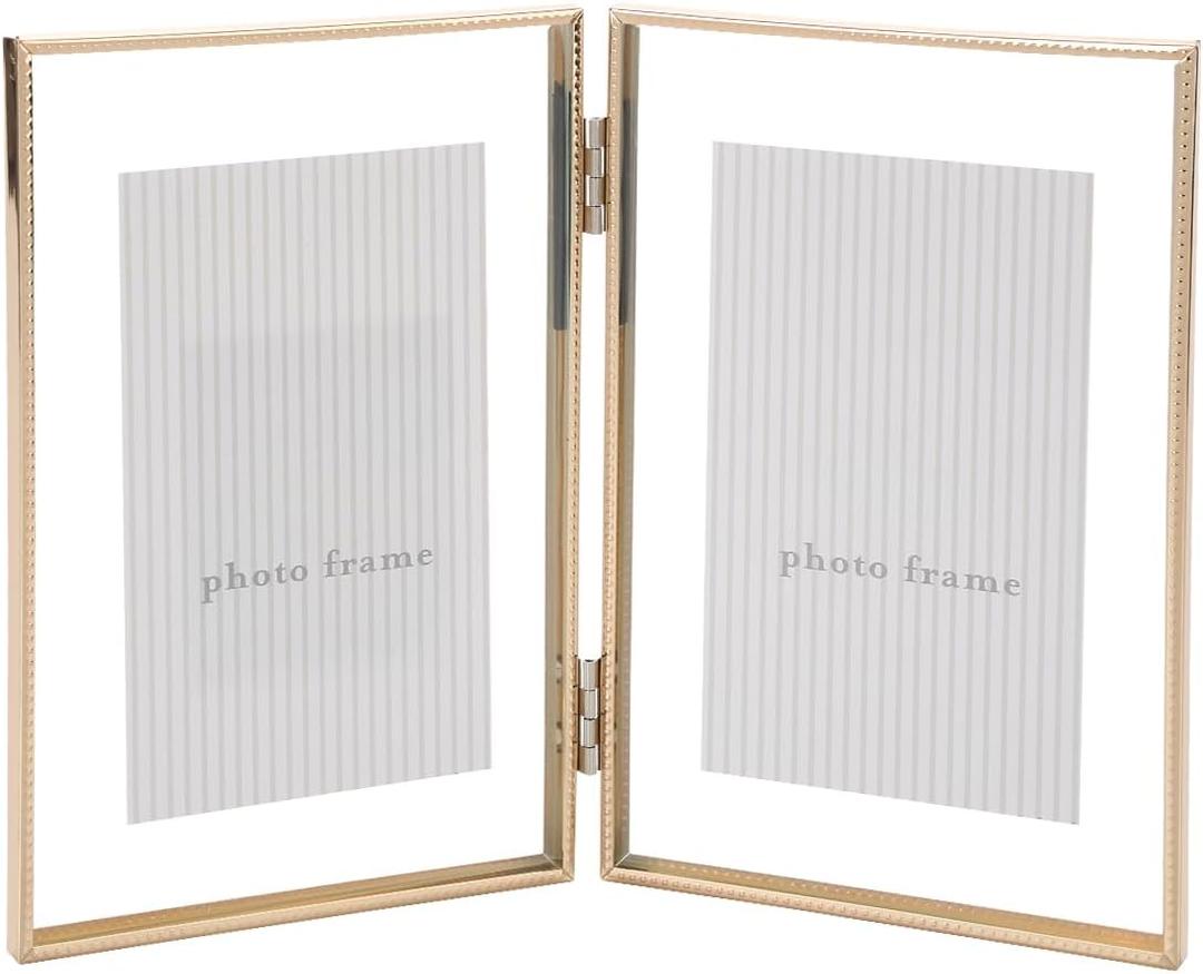 Gold 4x 6'' Double Floating Frame, For Photo Sizes (2 x3'' 3.5x 5'' up to 4x6'' ), Beautiful Metal Lace Edge Frames Adjustable Tabletop/Shelf Photo Frame, Classy Gift Choice for Wedding, Thanksgiving,