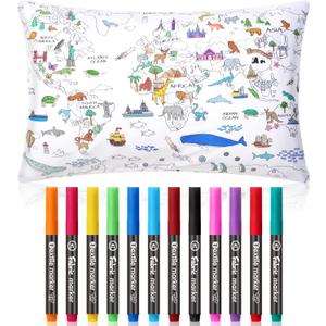 Coloring Craft Coloring Pillowcase World Map Pillowcase with 12 Pcs Markers Pens for Decoration Supplies Craft, 28.7 x 19.7 Inch