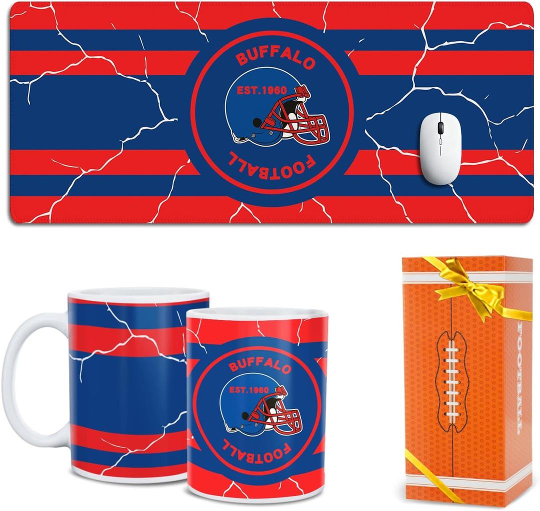 Football Fan Coffee Mug Cup and Large Desk Matt for Desktop Buffalo Themed Merch Fan Shop Men Women Sport Stuff Apparel Memorabilia Decor Bill Team Bf Boyfriend Novelty Cool Special Present Funny Gift