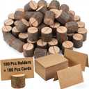 100 Pack Rustic Wooden Place Card Holders with 100 Kraft Cards, Table Number Holder, Photo Display Stand, Memo Card, Food Label Holder for Wedding, Party, Craft