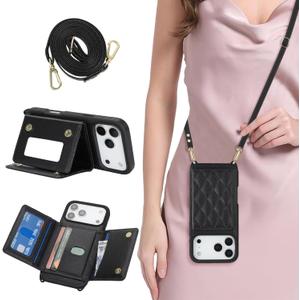 for iPhone 17 Pro Max Case with Card Holder and Strap for Women,Crossbody Lanyard, Make Up Mirror,Snap Clasp,Cute Phone Wallet Cases 6.9 inch - Black